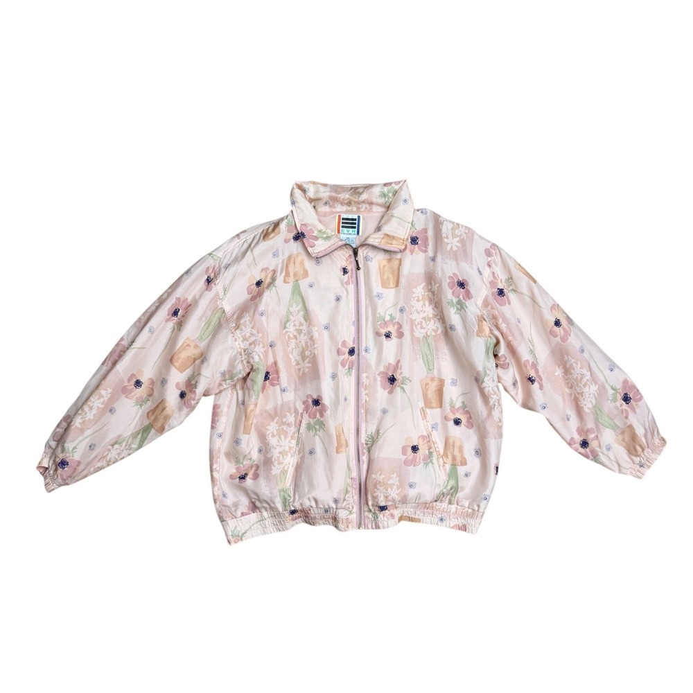 EVR Vintage 100% Silk Floral Bomber Jacket Pink Botanical Print XL Japanese